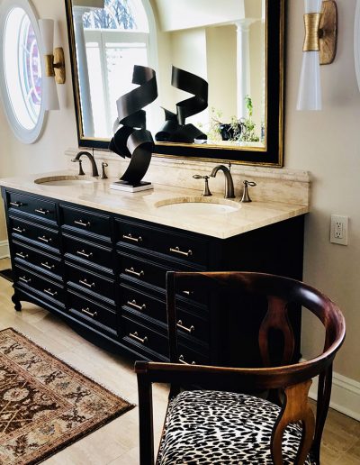 A bathroom vanity and interior, by Anne Marie Weissend, Design Associates. We are a full-service Interior Design firm in Rochester NY.