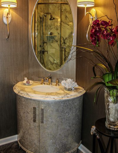 Powder room interior, by Anne Marie Weissend, Design Associates. We are a full-service Interior Design firm in Rochester NY.